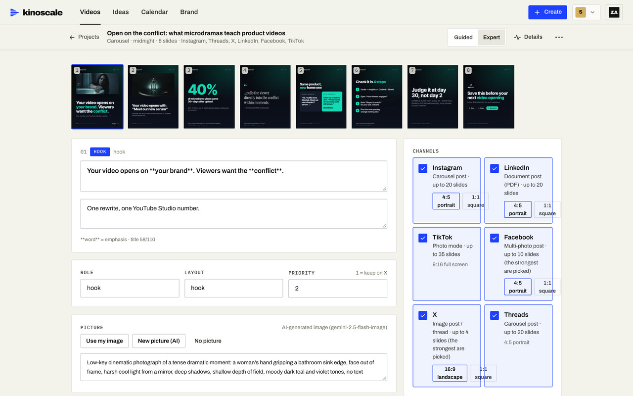 Written, checked, designed. Slide-by-slide copy with every claim checked, laid out in your Look with pictures generated or sourced, then reviewed slide by slide.