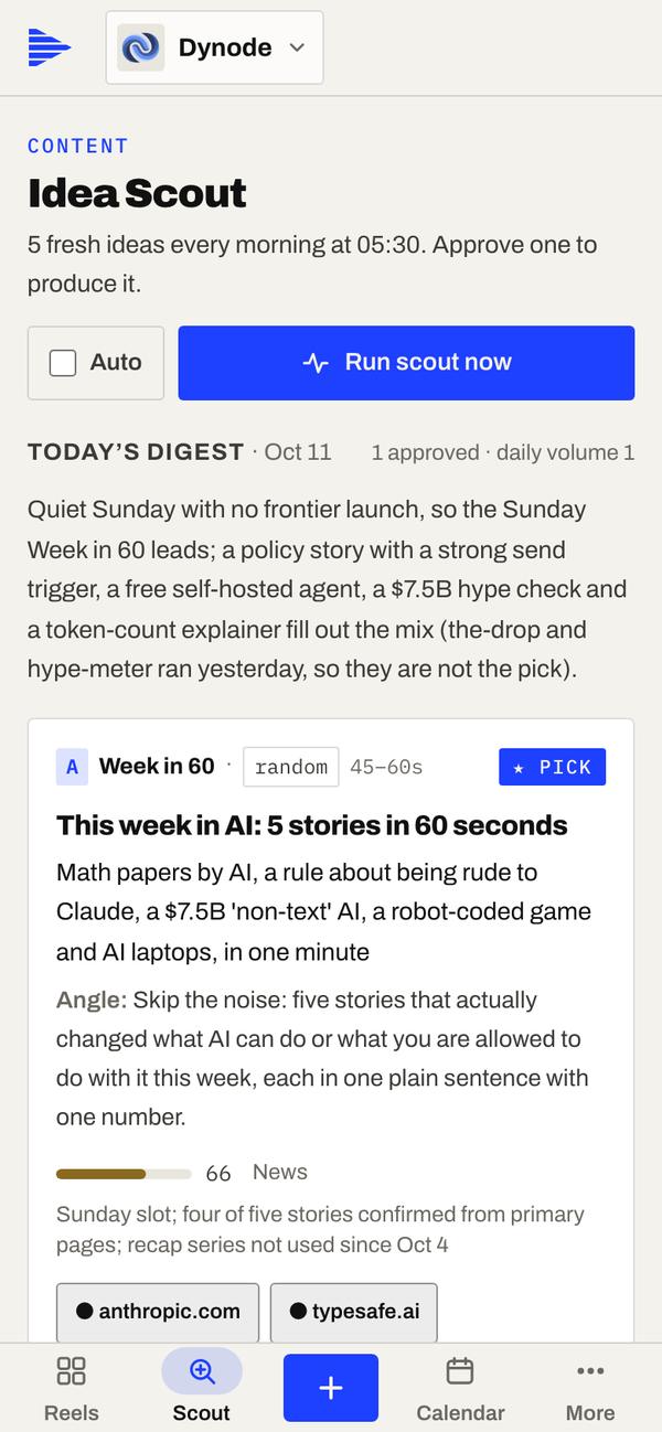 Idea Scout on a phone: today’s ideas, each with its angle and an Approve button